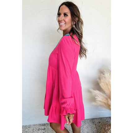 Rose Red Colorful Crochet V Neck Textured Tiered Ruffled Long Sleeve Mini Dress