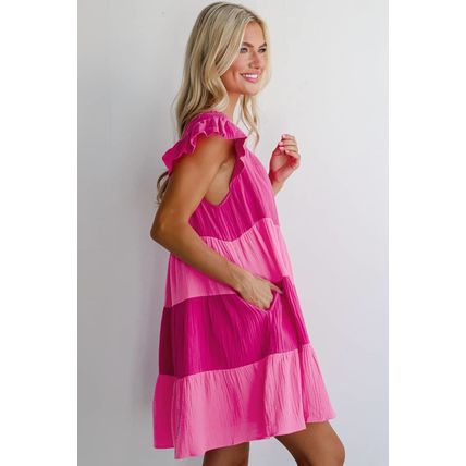 Pink Crinkled Colorblock Patchwork Flutter Tiered Mini Dress