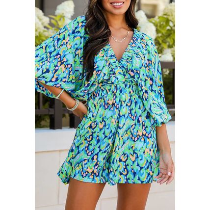 Green Abstract Print Puff Sleeve V Neck High Waist Romper