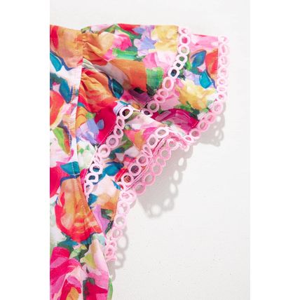 Multicolour Lace Trim Ruffle Short Sleeve Floral Blouse