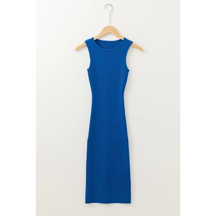 Dark Blue Solid Ribbed Knit Sheath Sleeveless Midi Sweater Dress