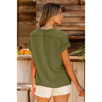 Jungle Green Textured Knit Exposed Stitching T-shirt