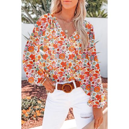 Orange Floral Print V Neck Long Puff Sleeve Top