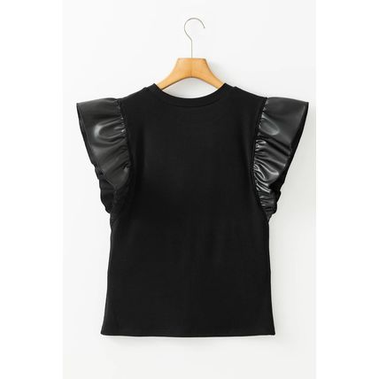 Black GAME DAY Checkered Letter Graphic Leatherette Ruffle Sleeve Top