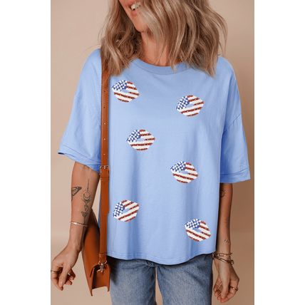 Myosotis Kiss American Flag Sequin Lip Graphic Oversize T Shirt