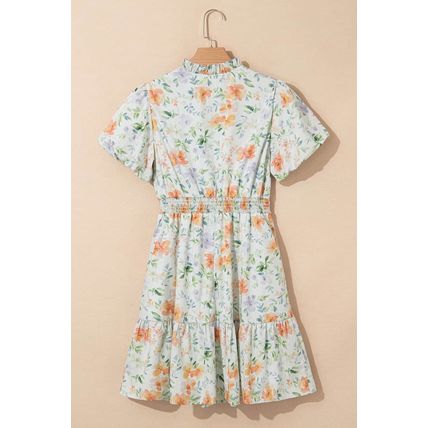 Beige Floral Print Shirred High Waist Puff Sleeve Mini Dress