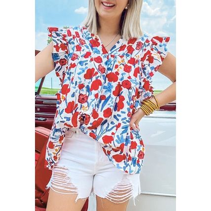 Red Flowers Pintuck Detail V-Neck Ruffled Sleeve Top