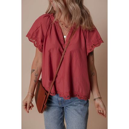 Red Dahlia Floral Embroidered Scallop Trim Short Sleeve V Neck Blouse