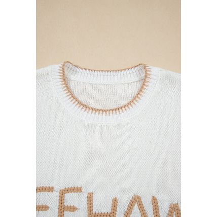 White Knitted YEEHAW Stitch Edge Crew Neck Sweater T Shirt