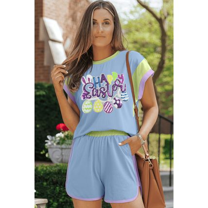 Blue Sequin Happy Easter Graphic Contrast Trim Short Set