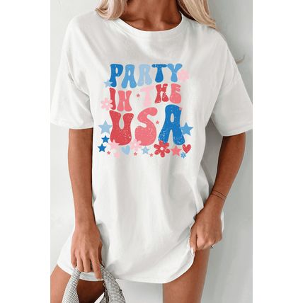 White PARTY IN THE USA Graphic Oversized Tee