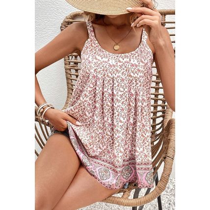 Pink Bohemian Floral Pleated U Neck Vest
