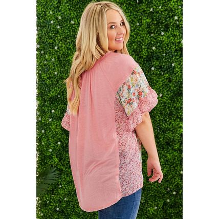 Pink Plus Size Floral Patchwork Ruffled Short Sleeve Blouse