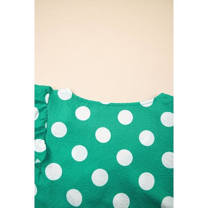 Green Polka Dot Print Ruffled Sleeve V Neck Blouse