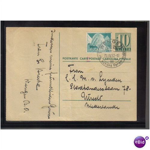 1952 SWITZERLAND P/PAID PC UPRATED WENGEN PMK