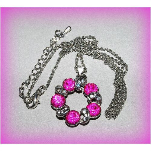 Deep Pink Clear Love Circle Crystal Charm Pendant Necklace Chain Jewellery 1830