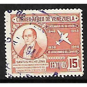 VENEZUELA 1949 SANTOS MICHELENA 15c ORANGE SG816 FINE USED#2