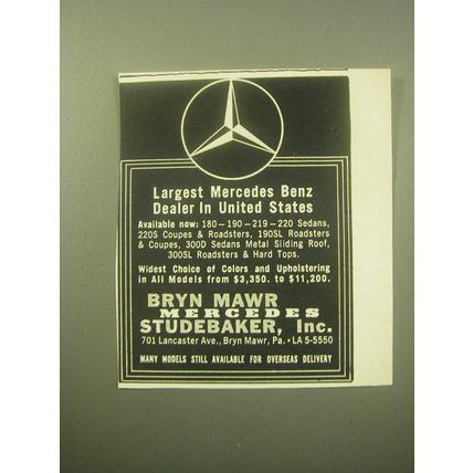 1959 Bryn Mawr Mercedes Studebaker, Inc. Ad - Largest Mercedes Benz dealer