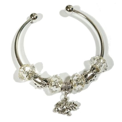 Silver Bracelet Bangle - Dolphin Owl Cat Charm Black Orange Green Blue Beads