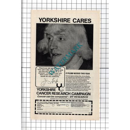 Yorkshire Cancer Research Savile Small Advert - 1974 Cutting