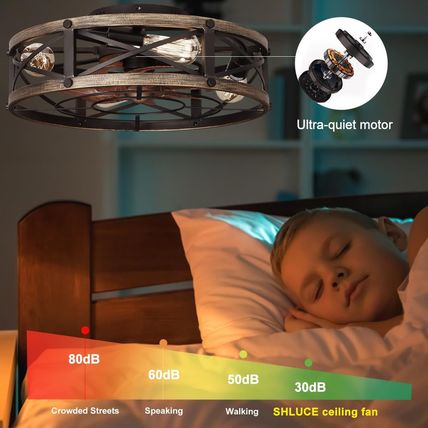 Farmhouse Flush Mount Caged Ceiling Fans with Lights, 6 Speeds, Rustic Low Profi