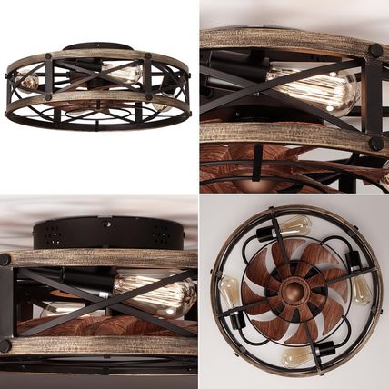Farmhouse Flush Mount Caged Ceiling Fans with Lights, 6 Speeds, Rustic Low Profi