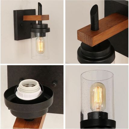 Rustic Wall Light Sconce with Seeded Glass Shade, Vintage Edison Metal Wood Wall