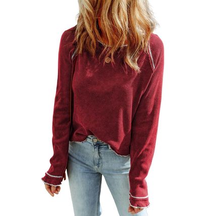 Red Textured Round Neck Long Sleeve Top