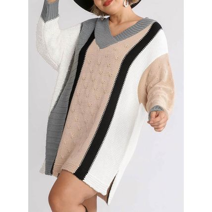 Apricot Mixed Boucl Color Block Plus Size Sweater Dress