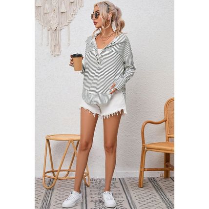 White Striped Thumbhole Drop Shoulder V Neck Top