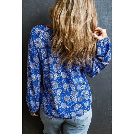 Blue Floral Notched V-Neck Long Sleeve Blouse