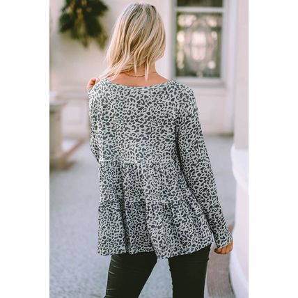 Leopard Print Long Sleeve Ruffled Babydoll Blouse