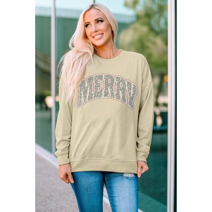 Khaki MERRY Leopard Print Long Sleeve Graphic Sweatshirt
