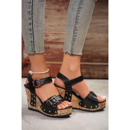 Black Rivet Buckle Closure Wedge Sandals