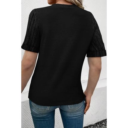 Black Ribbed Splicing Sleeve Round Neck T-shirt