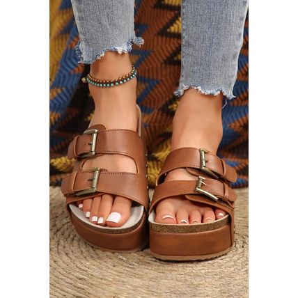 Chestnut Dual Buckle Studded Platform Sandal Slippers