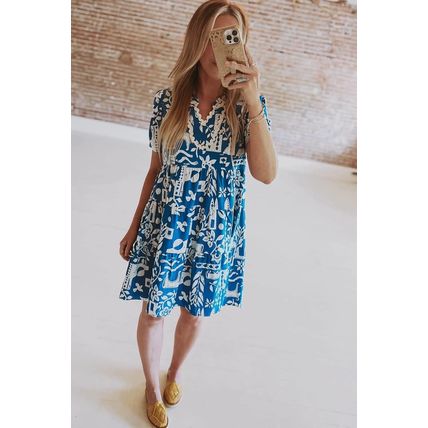 Blue Ricrac Trim Split Neck Floral Loose Dress