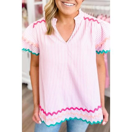 Pink Stripe Ricrac Trim Split Neck Striped Ruffled Sleeve Blouse
