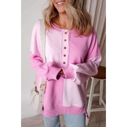 Pink Colorblock Henley High Low Oversize Sweatshirt