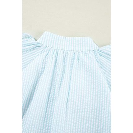 Myosotis Seersucker Ruffled Puff Sleeve Stand Neck Mini Dress