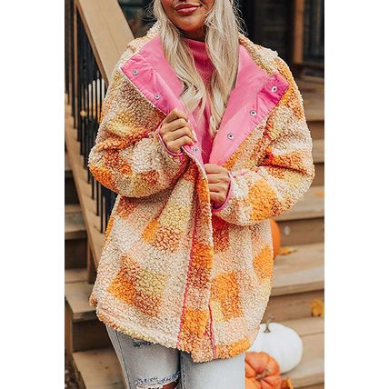 Orange Checkered Sherpa Hooded Jacket