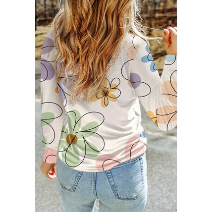 Beige Flower Print Crew Neck Long Sleeve T Shirt