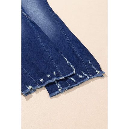 Sail Blue High Rise Dual Button Distressed Raw Hem Flared Jeans