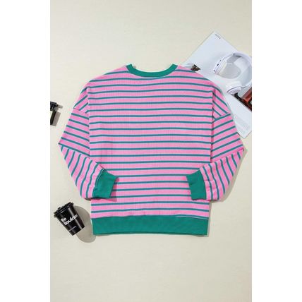 Pink Stripe Waffle Knit Crew Neck Plus Size Sweatshirt
