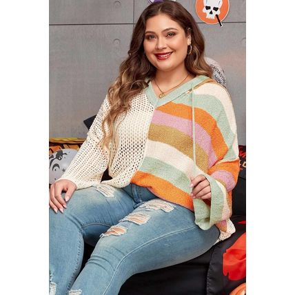 Beige Pointelle Knit Colorblock Patchwork V Neck Hooded Plus Sweater