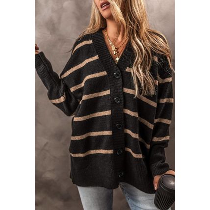 Black Stripe Buttoned V Neck Drop Shoulder Loose Cardigan