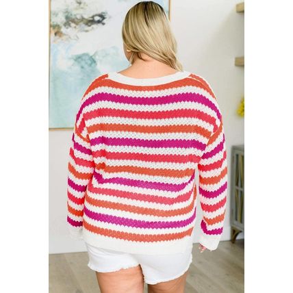 Pink Stripe V Neck Drop Shoulder Plus Size Sweater
