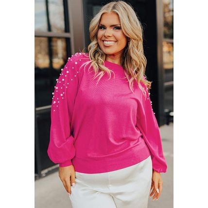 Strawberry Pink Pearled Decor Raglan Sleeve Plus Size Sweater