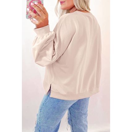 Parchment Embroidered Bow Lantern Sleeve Oversized Pullover Sweatshirt