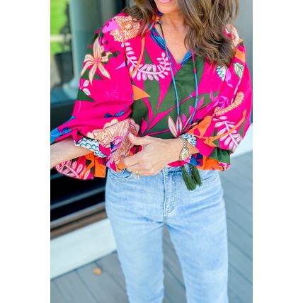 Rose Blooming Flower Print Ruffled Puff Sleeve Blouse